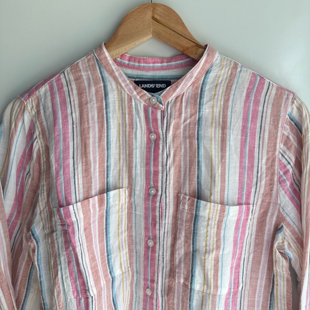 Lands' End‎  Linen Shirt Button Down Striped Pink S/T Classic Business Metallic - Picture 4 of 12